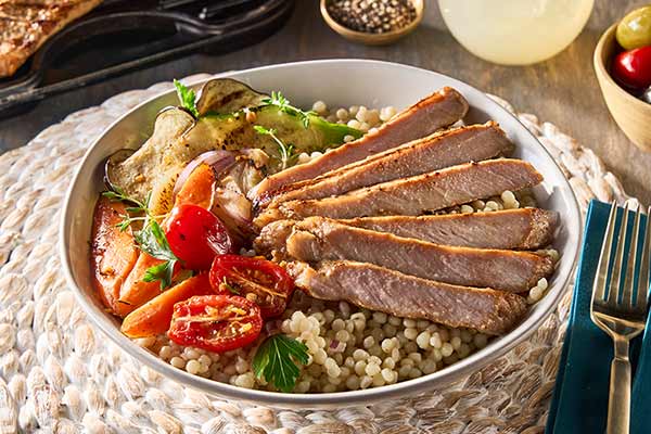 Smokey Pork Steak & Grilled Veggie Bowl with Lemon-Thyme Dressing